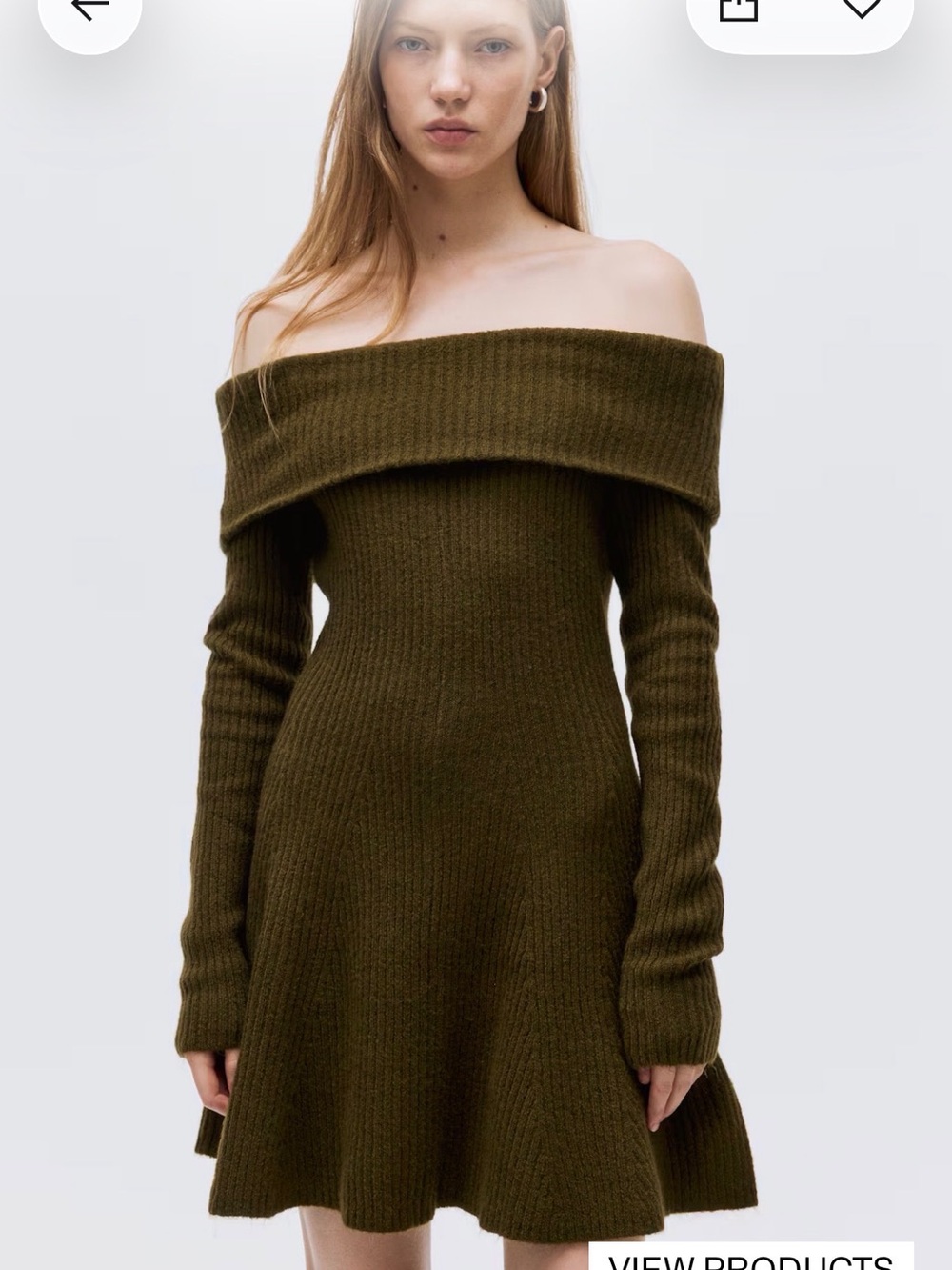 NWT H&M Off-Shoulder Ribbed Flare Sweater Dress in Olive
